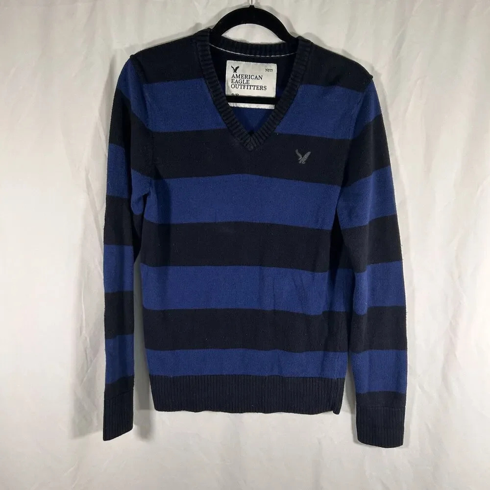 American Eagle Sweater Men's Small Blue Black Striped Knit Vneck Long Sleeve